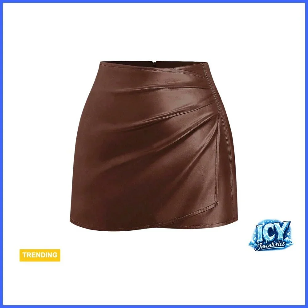PU Leather Bodycon Mini Skirt with Ruched Side Slit Mid Waist